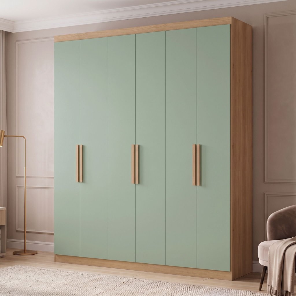 Guarda-Roupa Casal 6 Portas e 2 Gavetas 220 x 180cm Milan Yescasa Capuccino/Verde Menta Capuccino/Menta