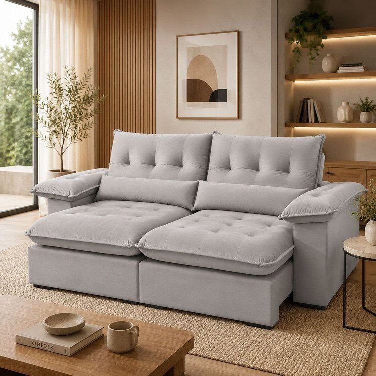Sofá Retrátil e Reclinável 3 Lugares Veludo com Molas Ensacadas Cinza Mônaco 210cm Cinza Prata