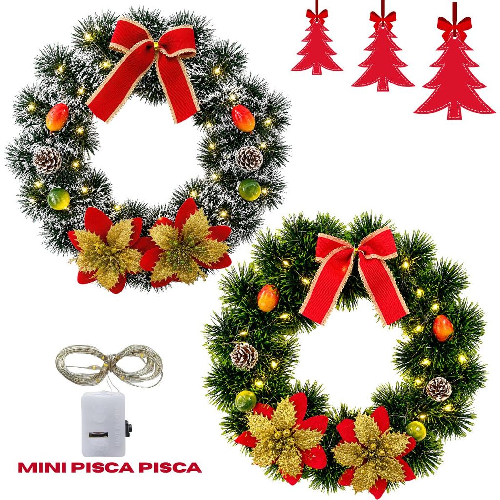 Guirlanda Natalina 24x24cm com Mini Pisca Pisca LED Decoração de Natal para Porta