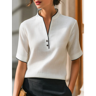 2026 Mulheres Verão Blusas Brancas Camisas Senhora Casual Manga Curta Com Decote Em V Botão Detalhe Contraste Guarnição 