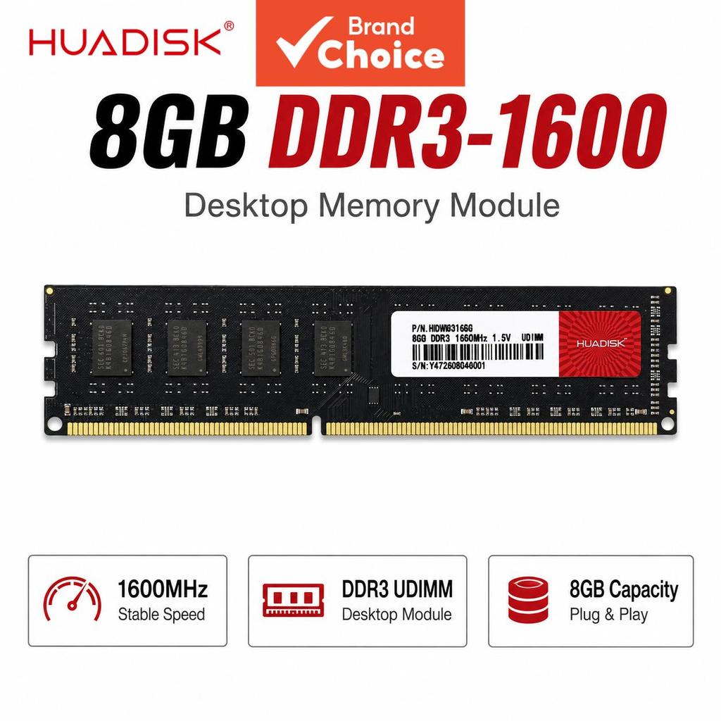 Memória de Desktop HUADISK 8GB DDR3 1600MHz RAM UDIMM 240 Pinos para atualização da placa-mãe de computador Intel AMD