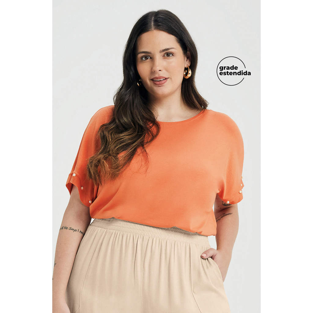 Blusa Feminina Manga Curta Com Pérolas Marialícia Laranja