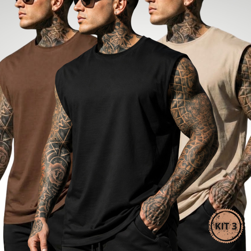 Kit 3 Regata Masculina Machão Oversized Academia Treino Fitness Lisa 100% Algodão Premium