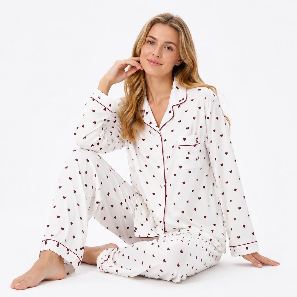 Z&D Pijama Feminino Manga Longa com Botões Camisa e Calça Estampa Mini Corações Confortável SY62-4