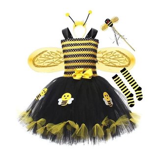 Terno de menina Fantasia de abelha de Halloween, vestido de tule sem mangas, lenço na cabeça, Leggings e terno de varinh