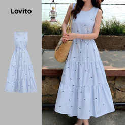 Lovito Vestido Casual Azul de Renda em Camadas Primavera/verão para mulheres Bordado DRBR37BR079