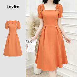 Lovito Vestido Elegante Pregas Botões e Babados Na Barra Vestido Laranja Queimado para Mulheres L199ED586