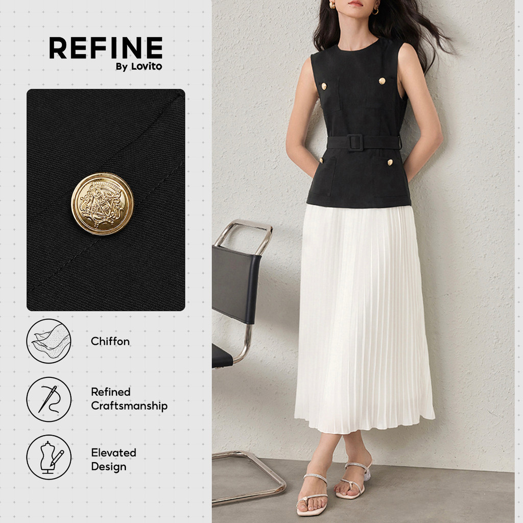 (Refine by Lovito)Vestido Social Chiffon Falso Duas Peças Com Bolso Feminino Primavera/Verão DRR42P1D047
