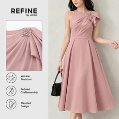 (Refine by Lovito) Elegante Vestido Casual Rosa Plissado com Laço para Mulheres Primavera/Verão Festa/Formal LR35E049