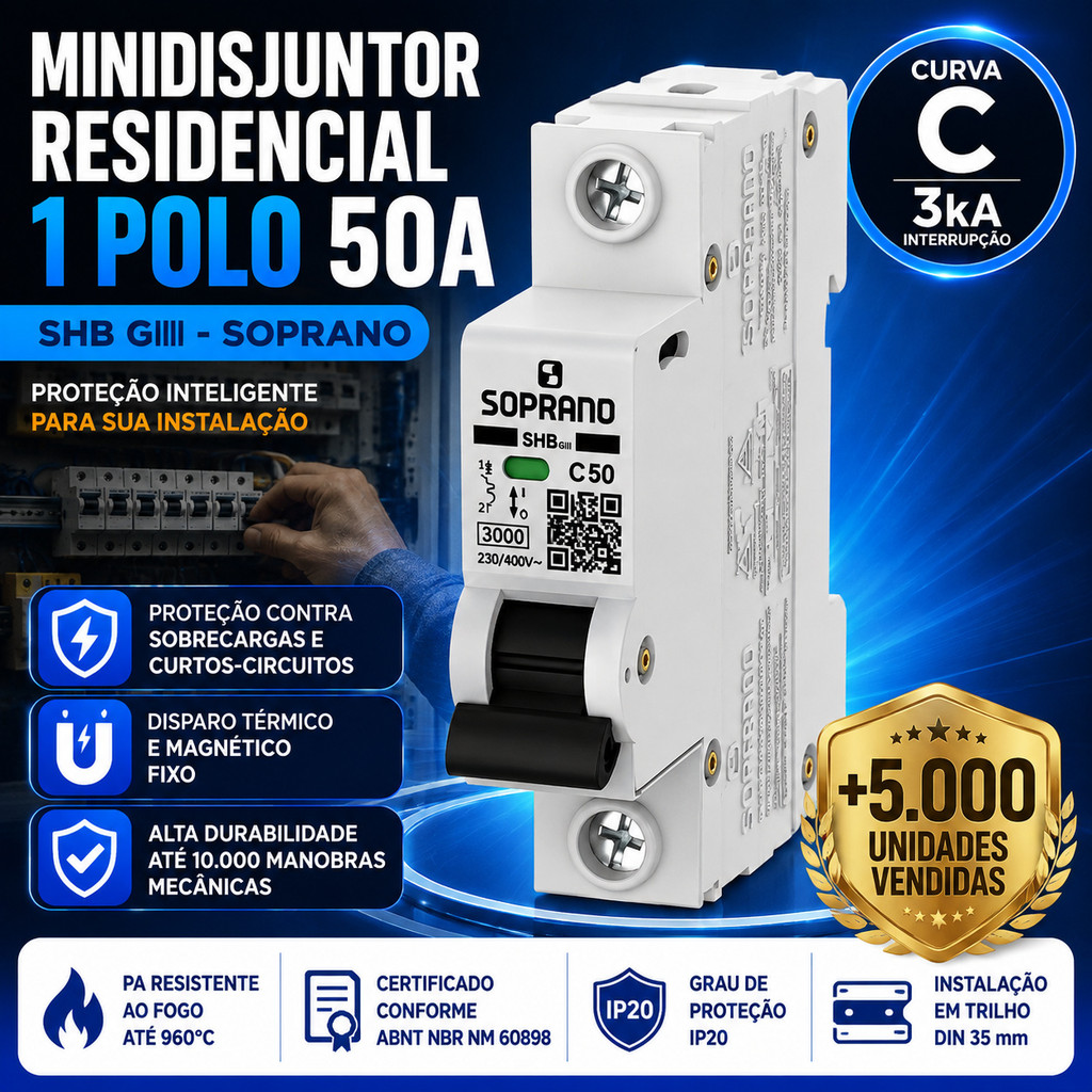 Disjuntor Monopolar 50A Soprano DIN SHB GIII Curva C Para Quadro Elétrico Residencial Original