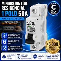 Disjuntor Monopolar 50A Soprano DIN SHB GIII Curva C Para Quadro Elétrico Residencial Original