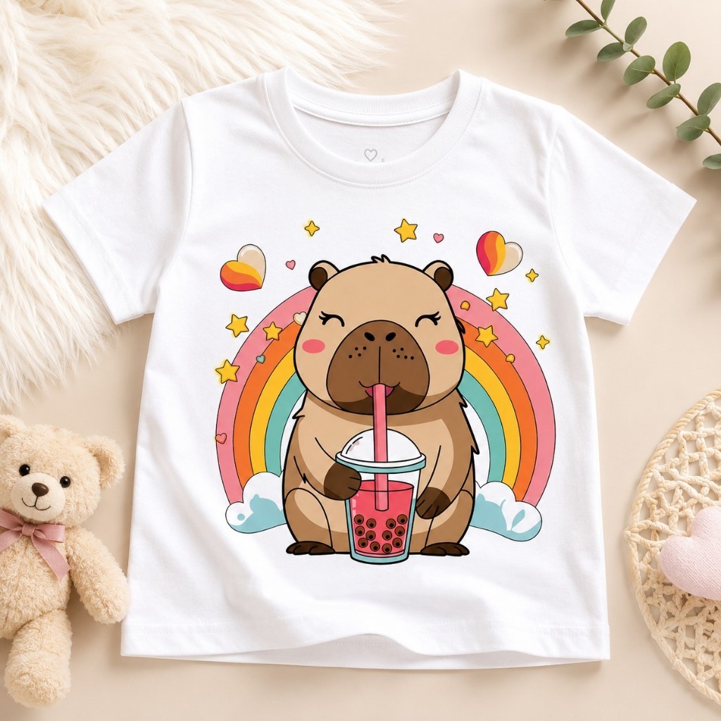Camiseta Infantil 100% Algodão Feminina Estampa Capibara Feliz Menina Moda Confortavel Promoção Presente