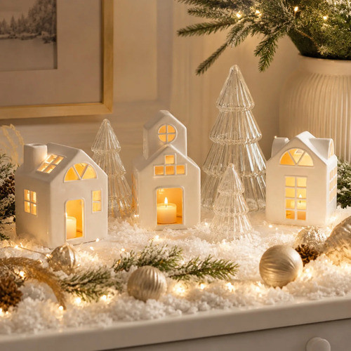 Enfeite Natal Casinhas Árvore Vela Branco Centro Mesa Decoração Natalina Vilarejo Decorativo
