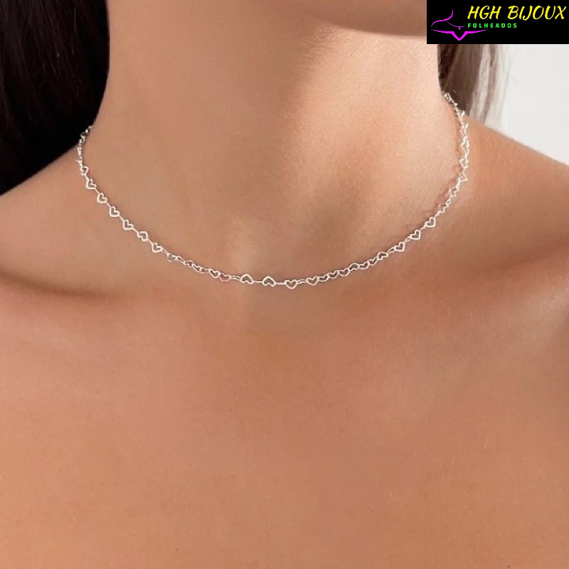 Choker Corações Elo Vazados em Estilo Minimalista, Banhado a Ouro 18K e Prata 925, Delicada e Brilhant