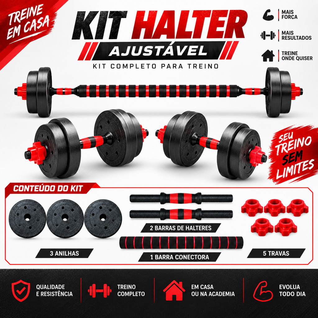 Kit 20KG Halteres Ajustável 6 em 1 - Barra Anilha e Kettlebell Musculação