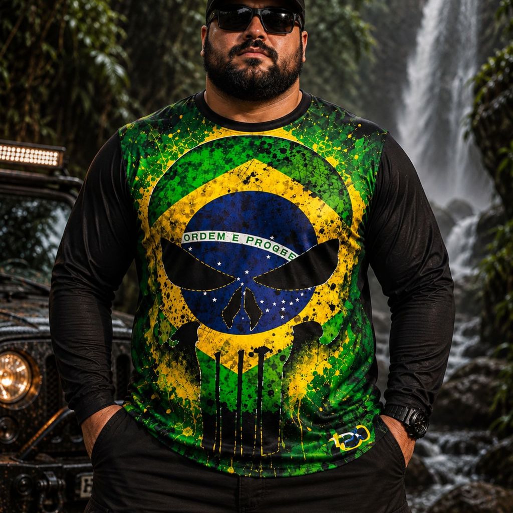 Camiseta Plus Size UV50+ Brasil Manga Longa Masculina/Feminina Dry Fit Proteção Solar Camisa Patriota Estampada