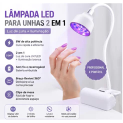 Lâmpada LED UV para Unhas 8W Recarregável 2 em 1 Luz de Cura e Iluminação com Clipe de Mesa USB Profissional