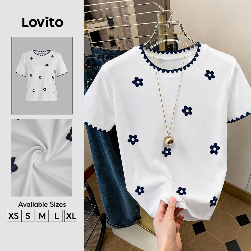 Lovito Elegante Camiseta Branca Off White com Bloco de Cores para Lazer primavera/verão TSK8P2D165