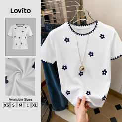 Lovito Elegante Camiseta Branca Off White com Bloco de Cores para Lazer primavera/verão TSK8P2D165