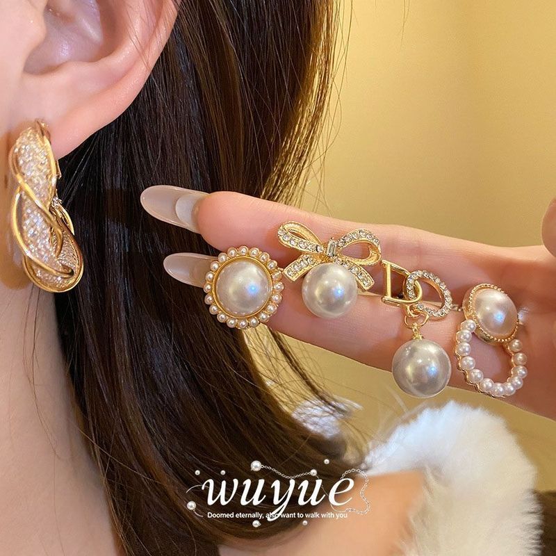 Conjunto de brincos redondos de pérola de diamante com agulha de prata, brincos estilo tribunal retrô francês, brincos l