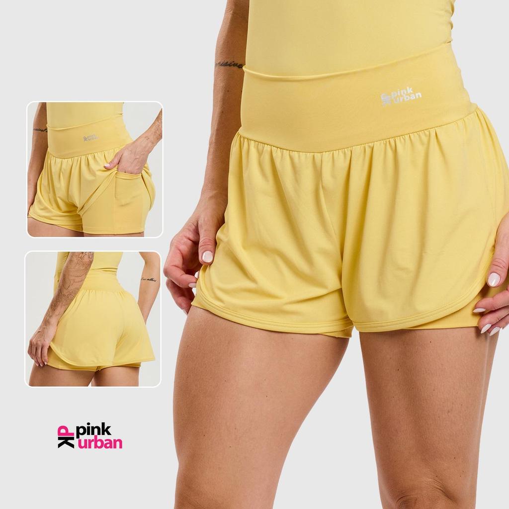Short Fitness Feminino Saia Beach Bolso Interno Soltinho Duplo Cós Alto Academia Esportivo Yoga Corrida
