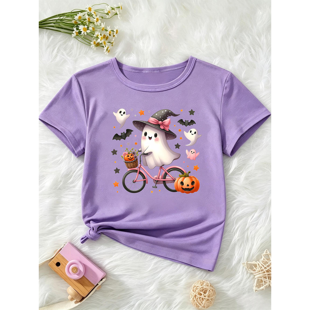 Halloween Boo Abóbora Morcegos Impresso T Camisa Meninas Camiseta Engraçado Crianças Roupas Branco/Preto/Azul/Roxo