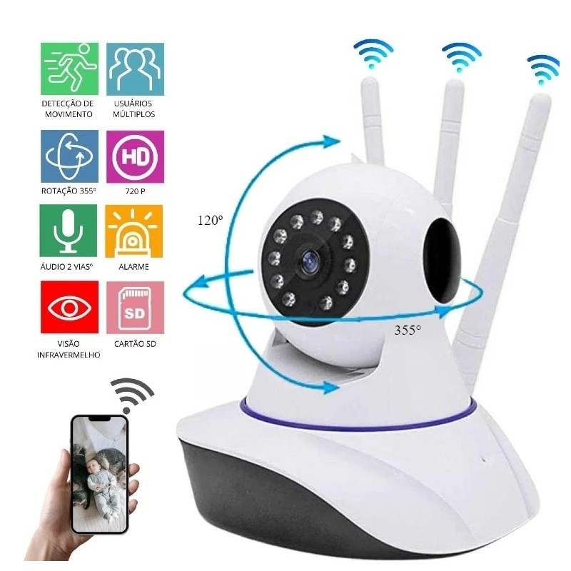 Câmera IP Robô Wi-Fi De 3 Antenas Com Visão Noturna HD 360 ° Monitor De Bebê Sem Fio De Alarme Pequeno De Dupla Tensão