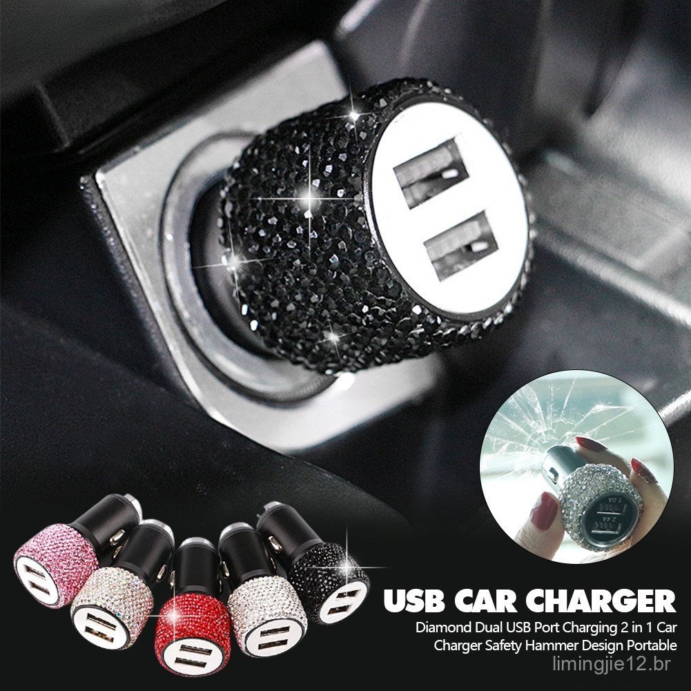 OM Diamante Porta USB Dupla Carregamento 2 Em 1 Carregador De Carro Martelo De Segurança Design Portátil