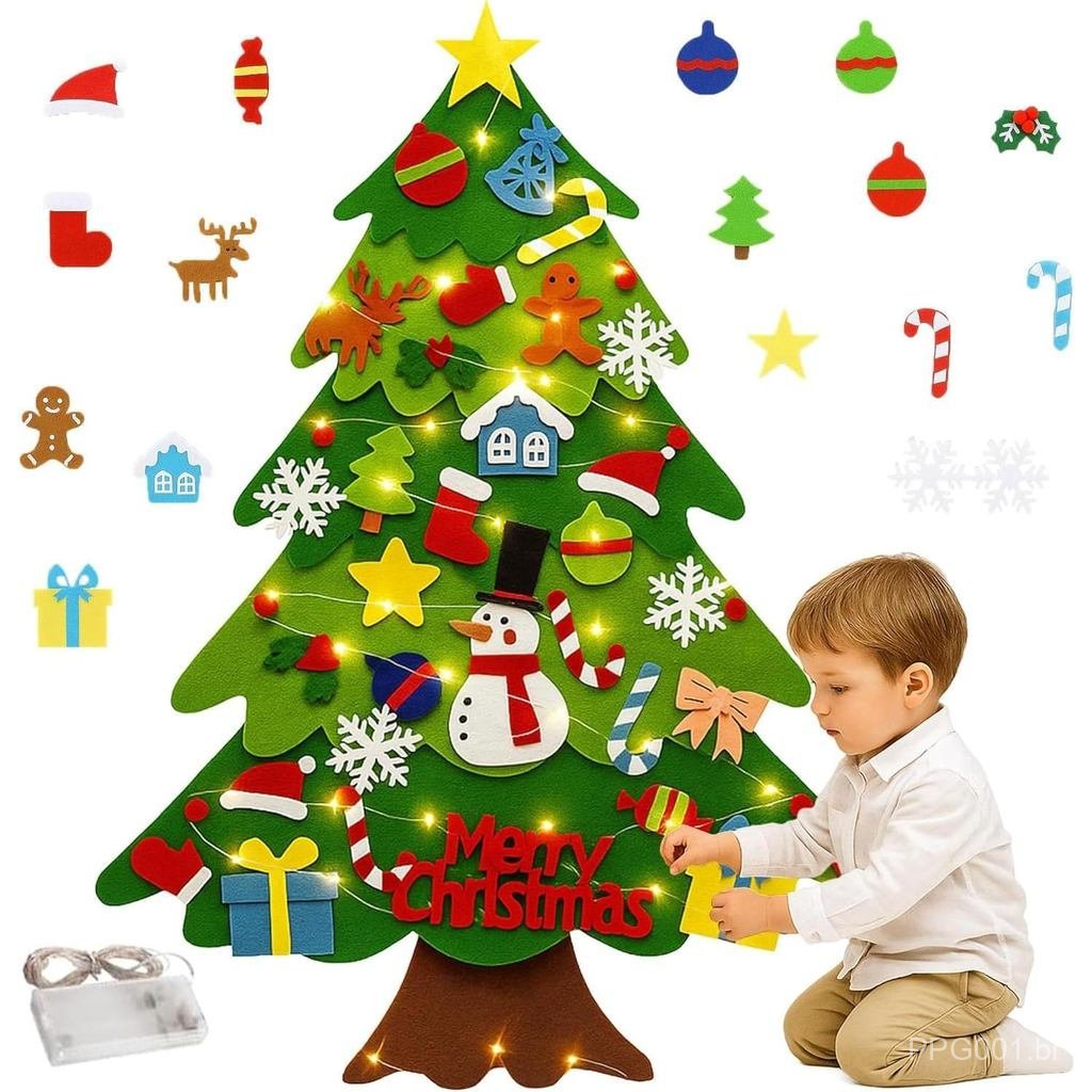 Árvore de Natal de feltro para crianças – 32 enfeites reutilizáveis com luzes de fada, árvore de Natal de feltro para cr