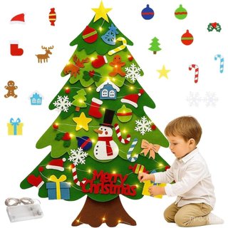 Árvore de Natal de feltro para crianças – 32 enfeites reutilizáveis com luzes de fada, árvore de Natal de feltro para cr