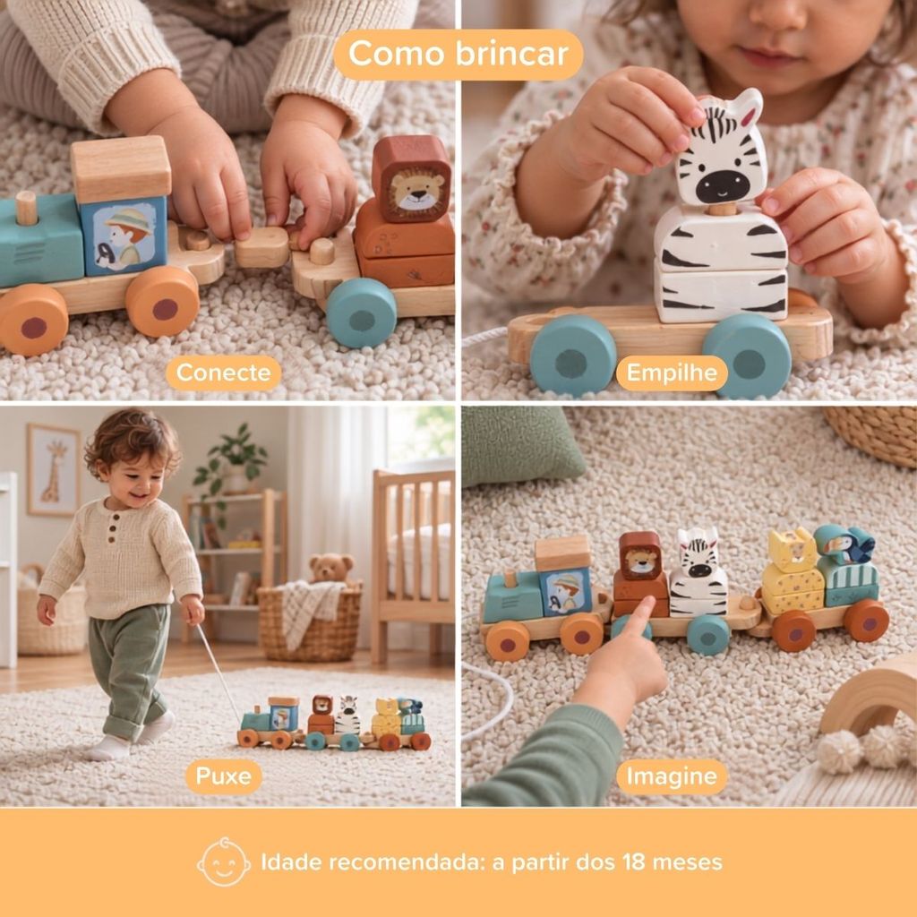 Brinquedo Montessori Bebê Madeira Trem Interativo Blocos de Empilhar e Puxar Wooden Maxi Baby — imagem 2 de 2