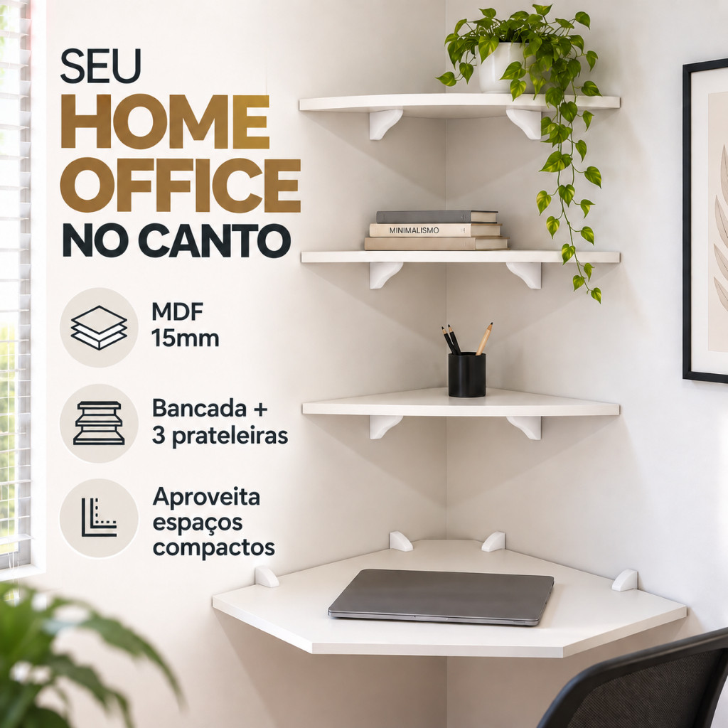 Kit Mesa Escrivaninha Suspensa de Canto + 3 Prateleiras Branca Home Office Quarto Escritório