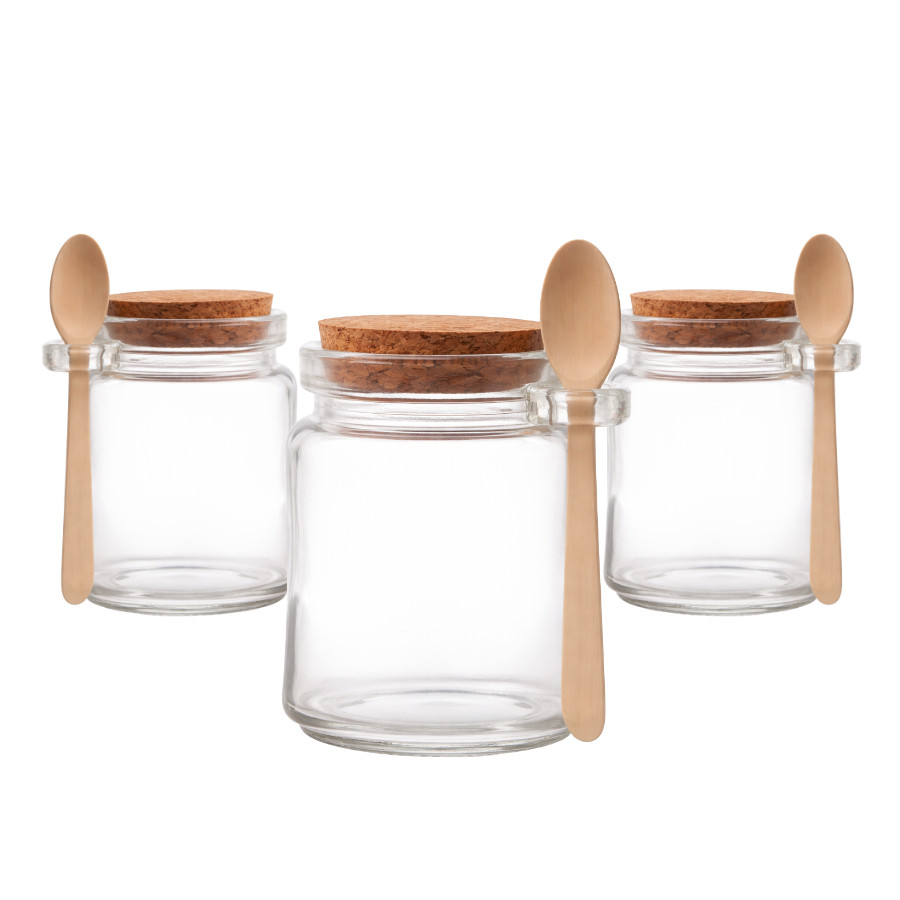 Kit 3 Porta Pote Tempero Saleiro Vidro com Colher de Bambu e Tampa Rolha 200ml