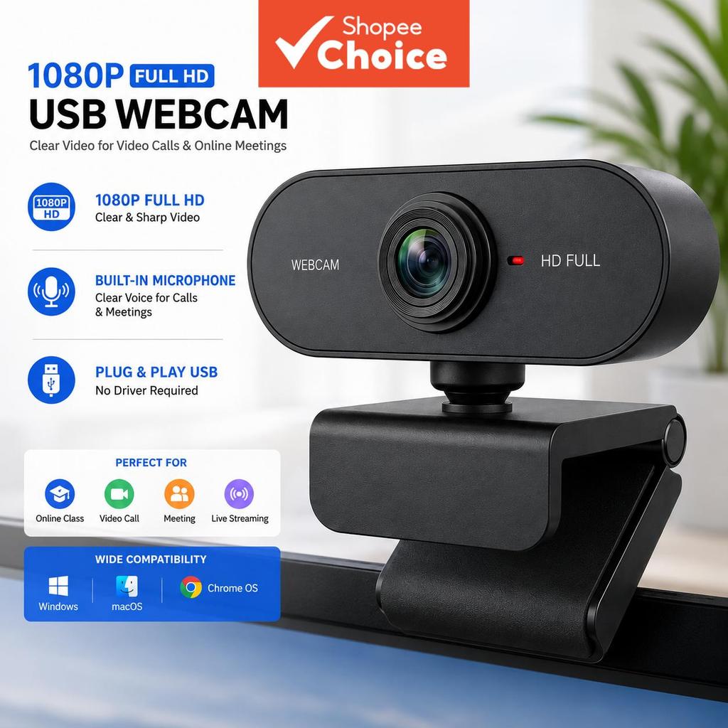 Câmera Web JCL 1080p para PC, Câmera USB Full HD com Microfone, Câmera Computador Plug & Play para Notebook e Desktop,