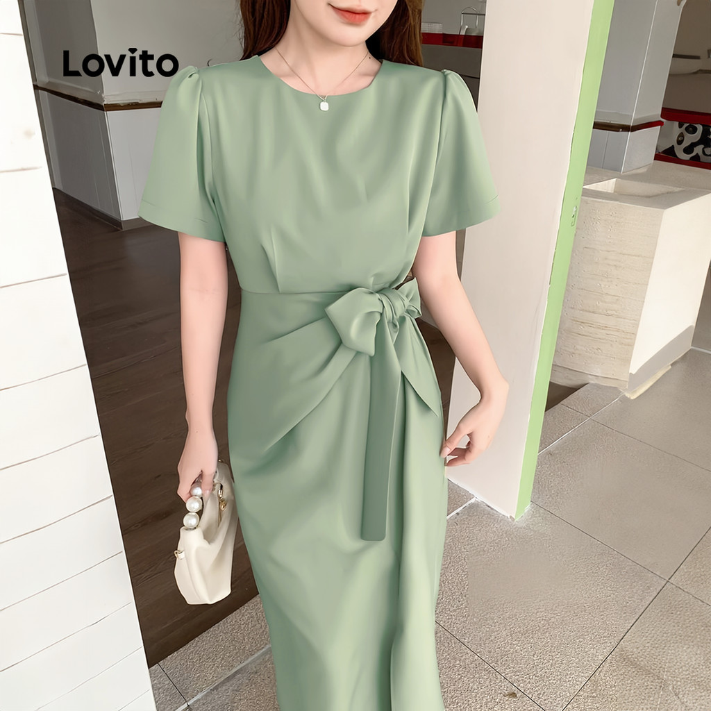 Lovito Elegante Vestido Feminino Liso com Amarração Bordado L128ED187 · foto 2