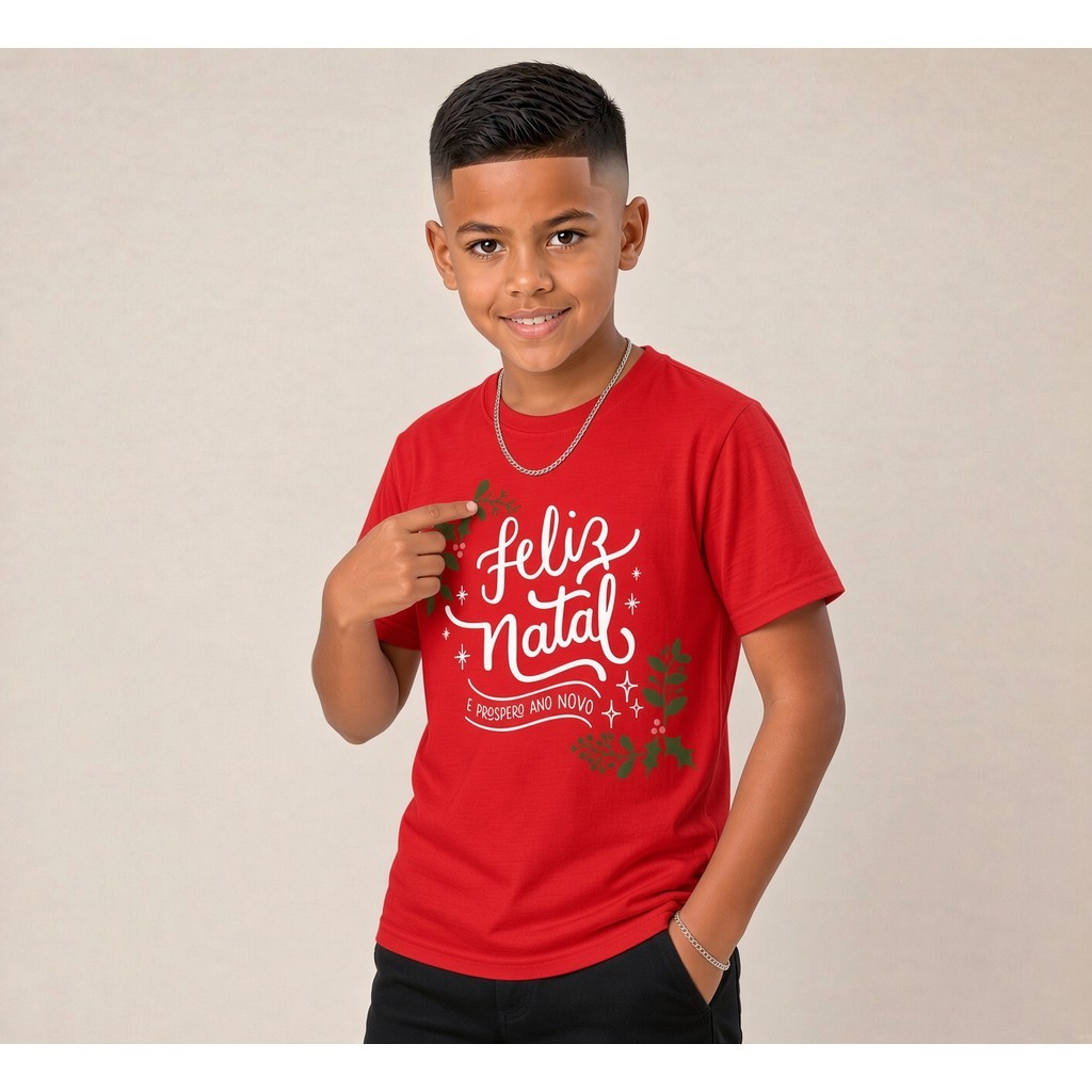 Camiseta Infantil Natal e Jovem Estampada Natal e Prospero Ano novo 100% Algodão Criança Personalizada Unissex Blusa