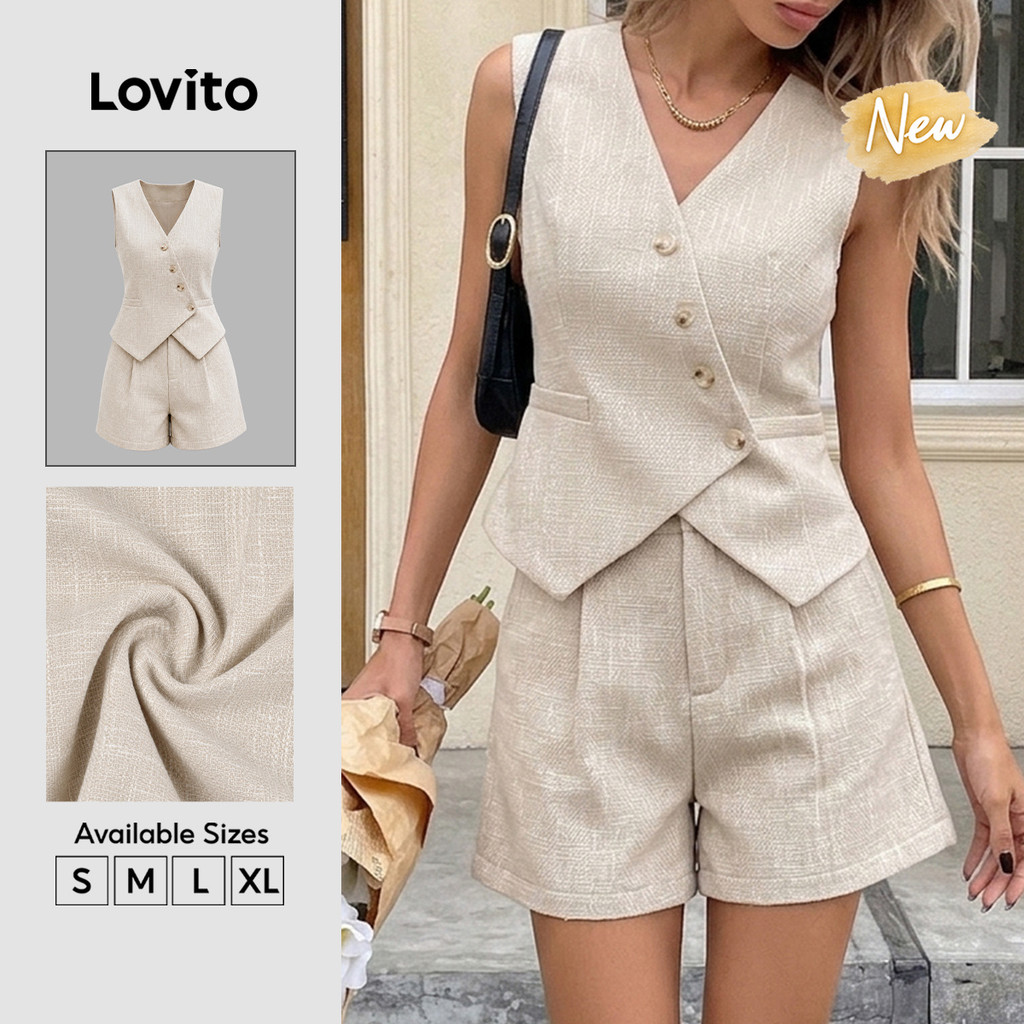 (New Arrival) Lovito Top cáqui assimétrico Casual Feminino primavera/verão férias/fim De Semana Superior/inferior SHK10BR261