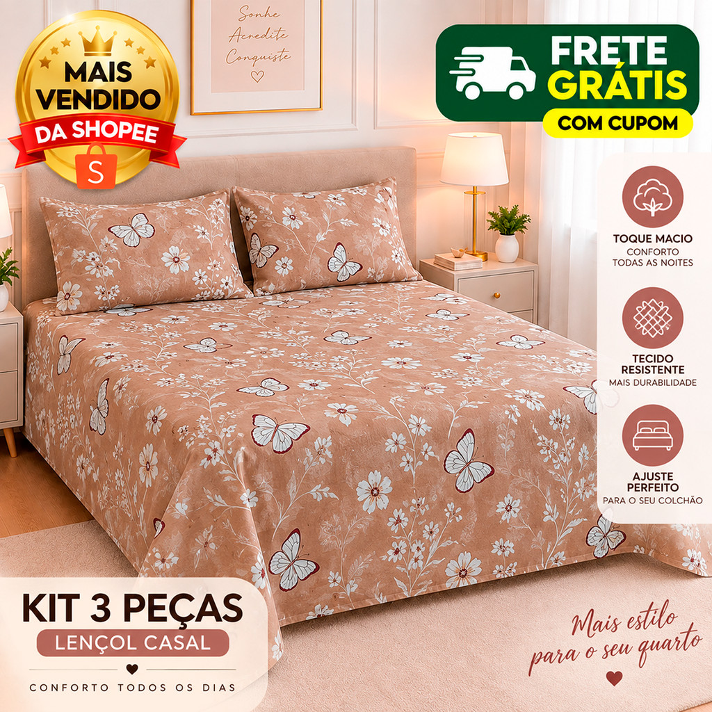 Kit 3 Pçs Lençol Casal Percal 500 Fios Linha Premium Luxo