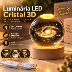 Luminária de Mesa LED Cristal Bola 3D Lua Via Láctea Abajur Decorativo USB Base Madeira para Quarto Sala Escritório