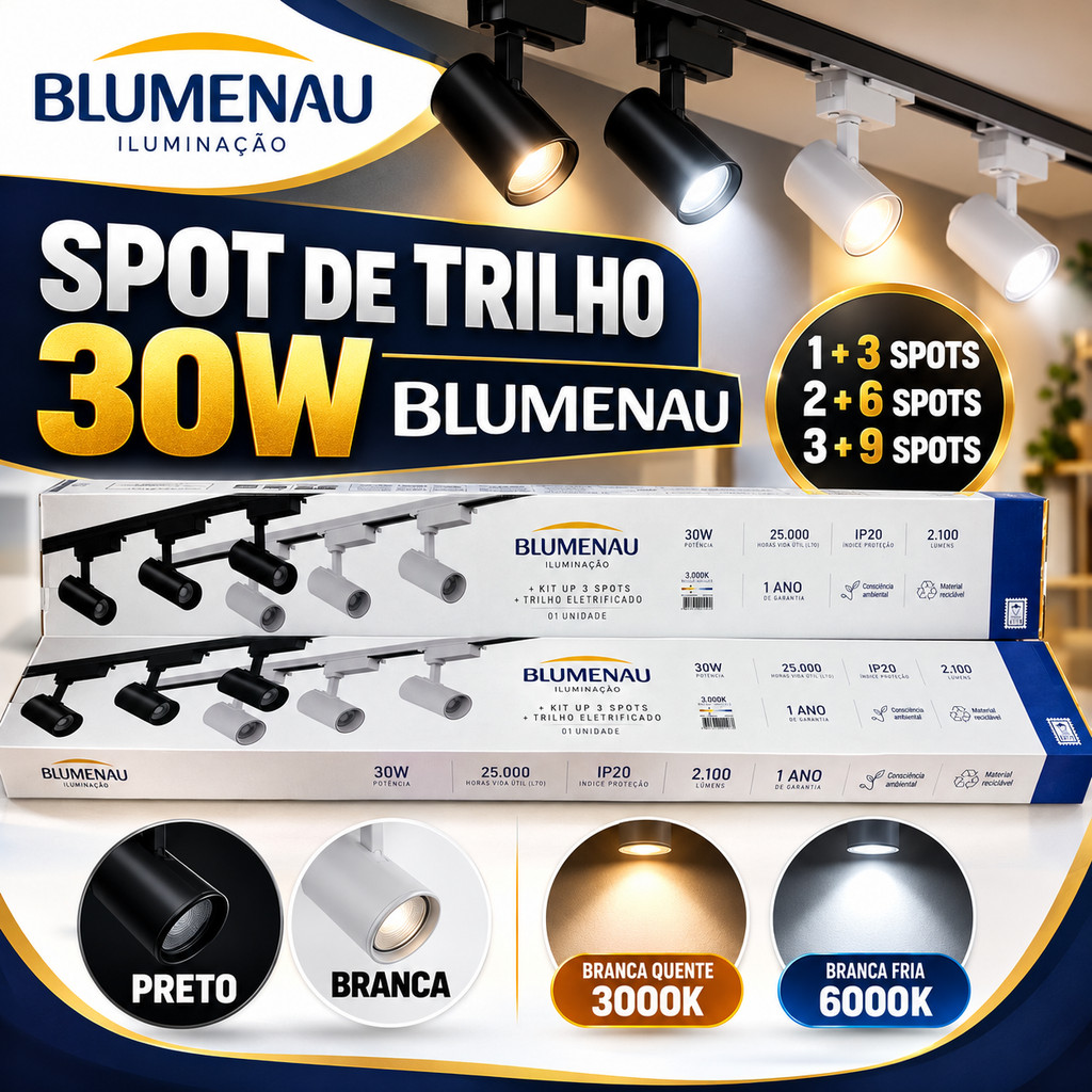 Trilho com Spot Led Eletrificado BLUMENAU 1m ou 2m Spot 30W Sobrepor Teto Gesso Preto Branco - Kit Iluminação Bivolt