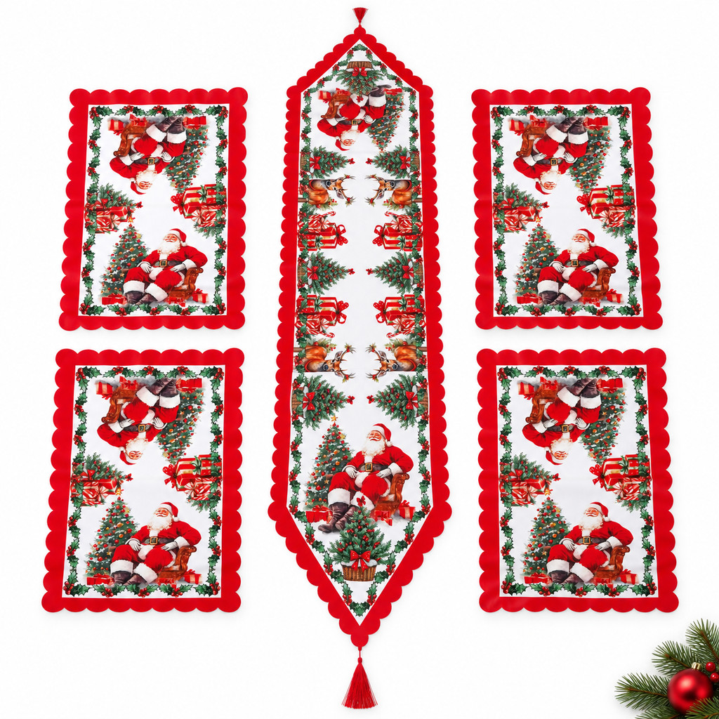 Trilho de Mesa Natalino + 4 Jogo Americano Natal Kit Mesa Posta Mesa Decorada de Natal Ceia PVC 180x40 Papai Noel Sinos