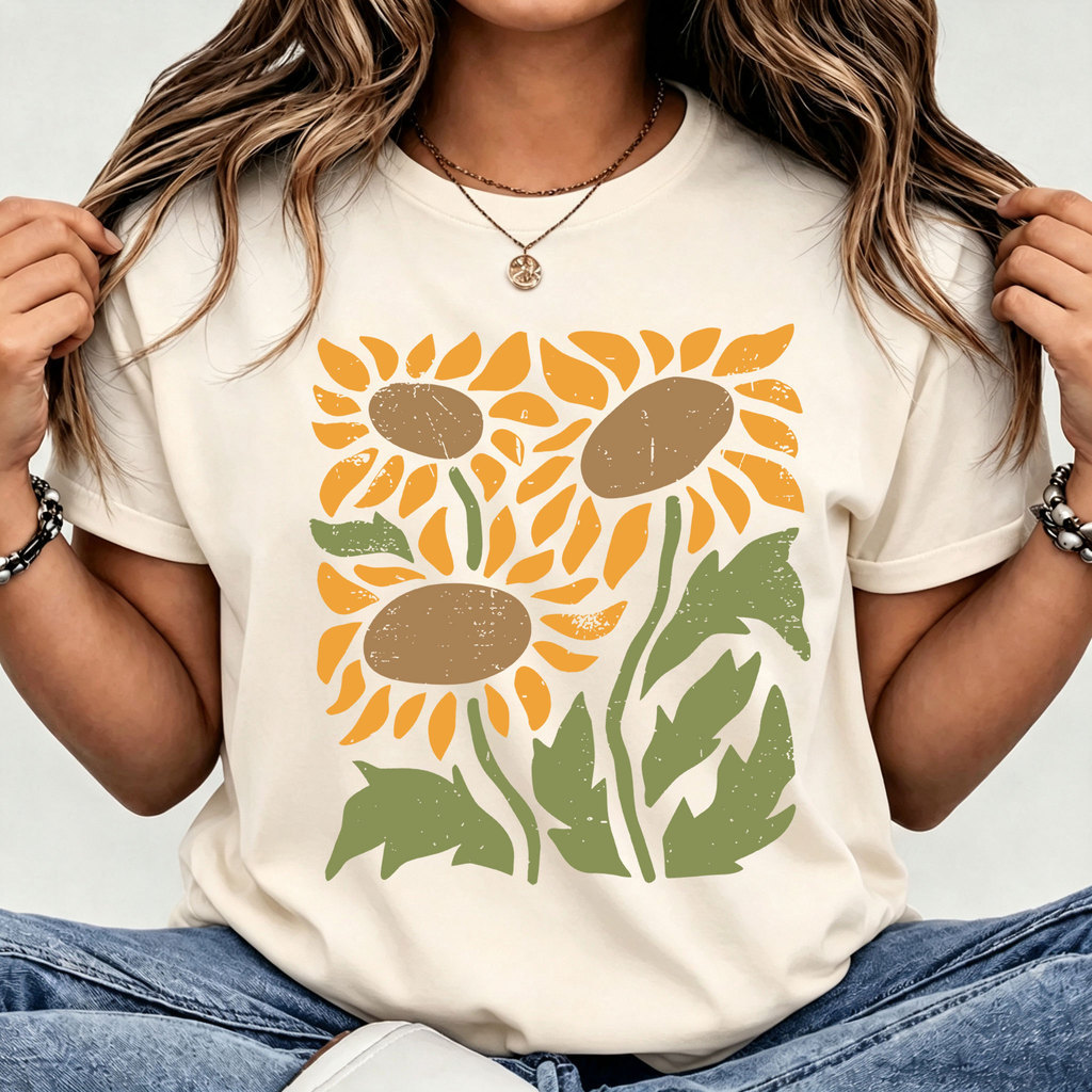[Camiseta Premium em Algodão Puro]LA T-Shirt Feminino Curto Flor de Girasol Estilo Boho Verão Casual Tamanhos P - G3