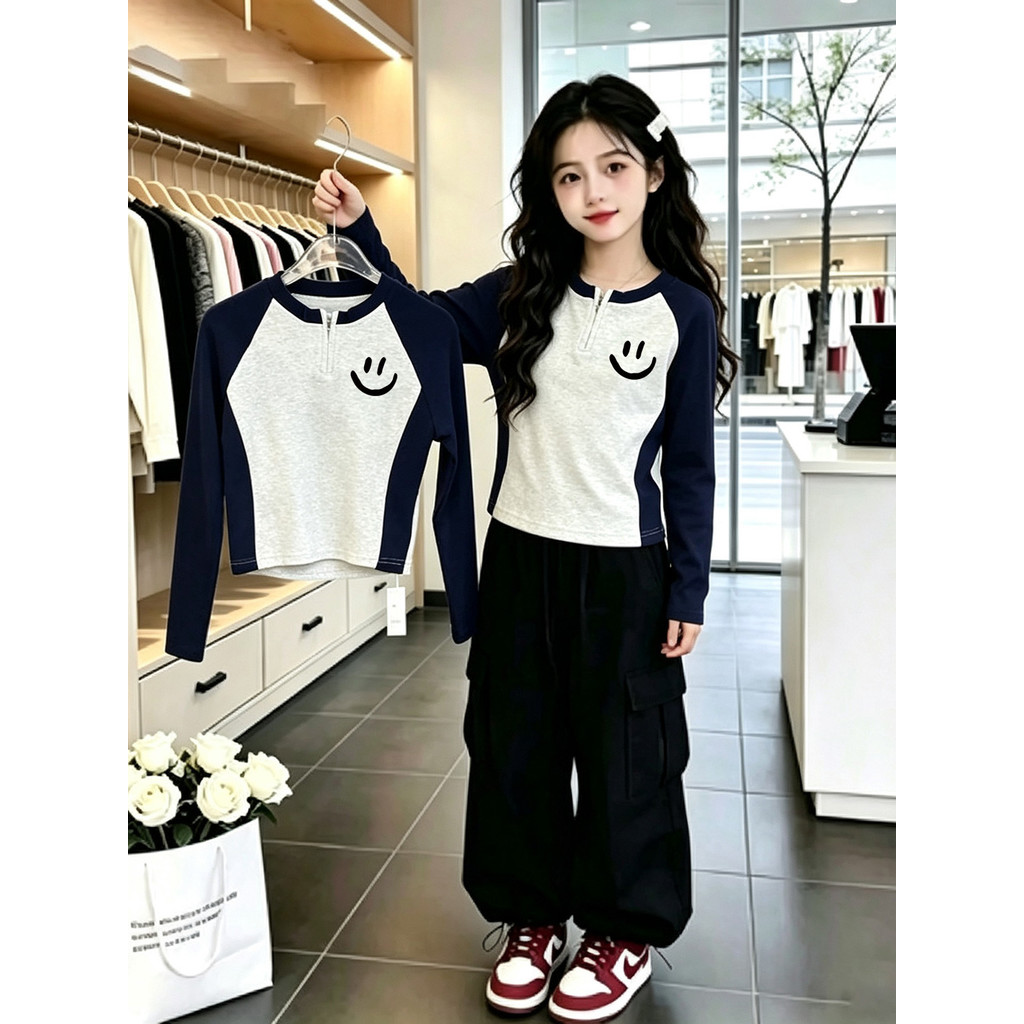Crianças roupas de outono versão coreana contraste cor Raglan manga comprida camiseta meninas Smiley impressão magro-aju
