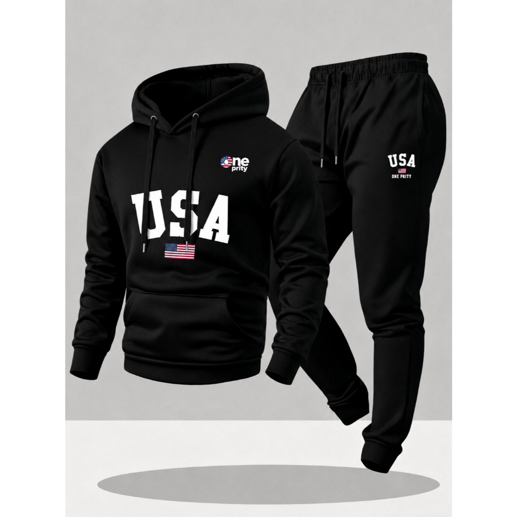 Conjunto Masculino Básico Casual Blusa De Frio Canguru E Calça Moletom Estampado Flanelado 100% Algodão