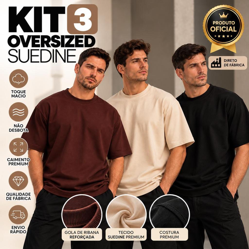 Kit 3 Camisetas Masculina Oversized Suedine Premium Toque Macio Streetwear Gola Canelada Premium Verao Over Lançamento