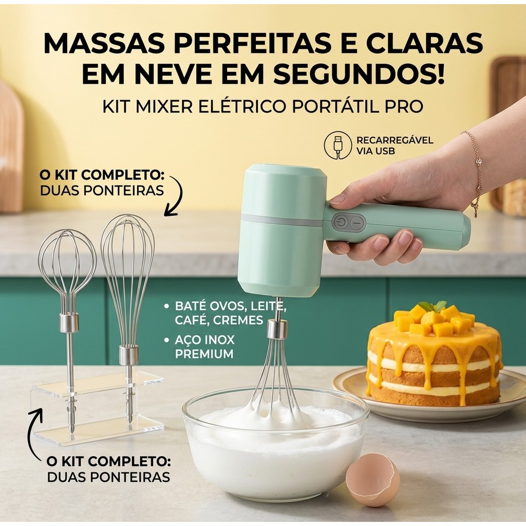 Batedor Elétrico de Ovos com Mixer Portátil Aço Inox Misturador para Café Leite e Cozinha- TX