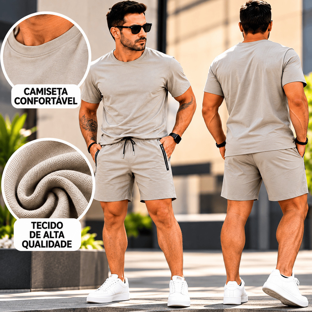 Conjunto Masculino Camiseta E Bermuda De Poliamida Com Bolso Com Zíper Short Mauricinho Dry Fit Secagem Rápida Academia