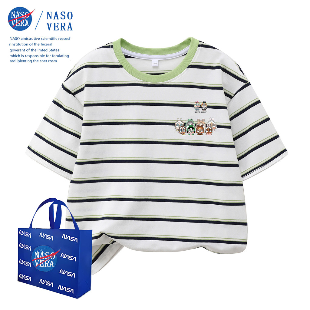 NASA verão bonito menina listrado manga curta estilo dos desenhos animados grande crianças camiseta em torno do pescoço 