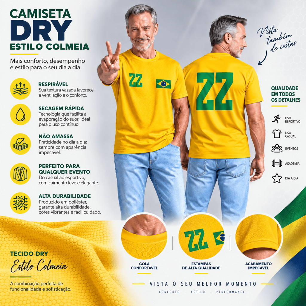 Camiseta do Brasil Masculina Número 22 | Torcedor Patriota | Estilo Futebol e Torcida