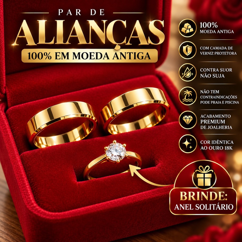 Par Aliança e Anel Solitário 4MM Noivado Casamento compromisso 100% em moeda cor de ouro 18k